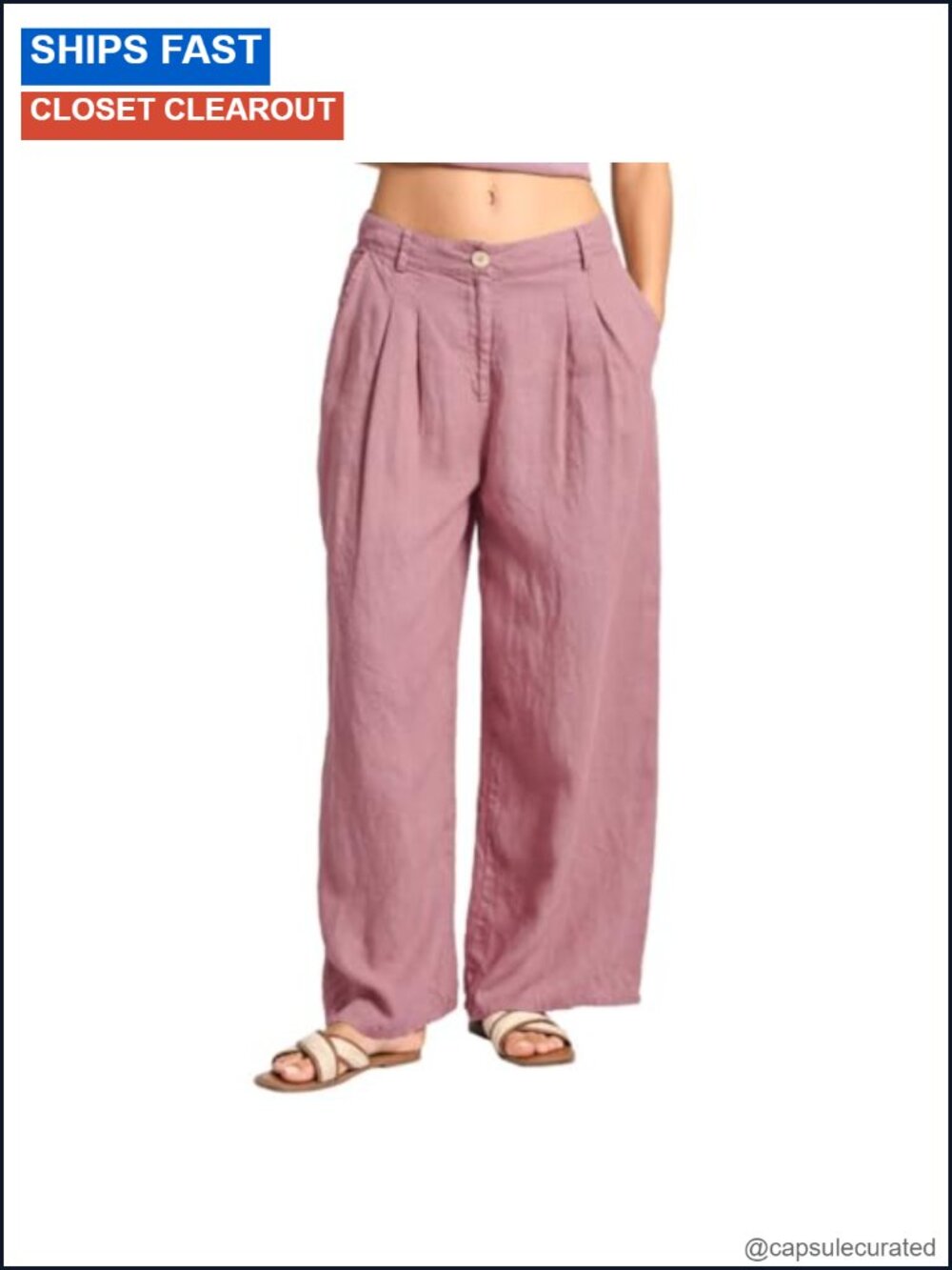 100% Linen Wide Leg Pants Mid Rise Pleated Palazzo